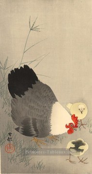  ohara - poule et deux poussins dans l’herbe Ohara KOSON Shin Hanga